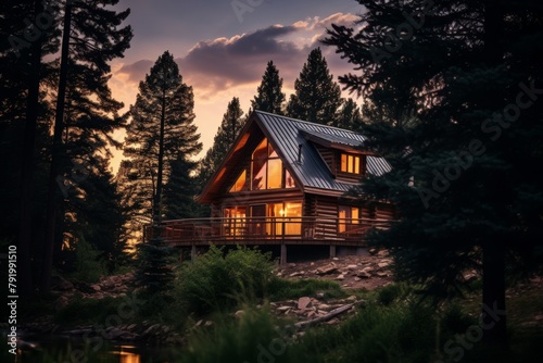A Rustic Wooden Cabin Nestled Among Tall Pine Trees in a Tranquil Mountainous Setting During the Golden Hour