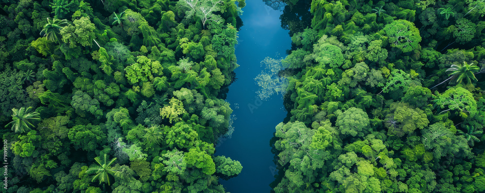 An aerial view of a lush green rainforest with a river running through it. An aerial view of a lush green rainforest with a river running through it.