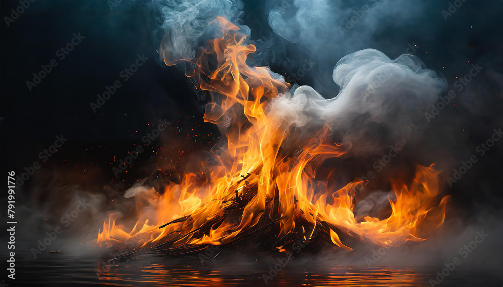 Close-up of fire flames with smoke on black background. Intense blaze. Close-up of fire flames with smoke on black background. Intense blaze.