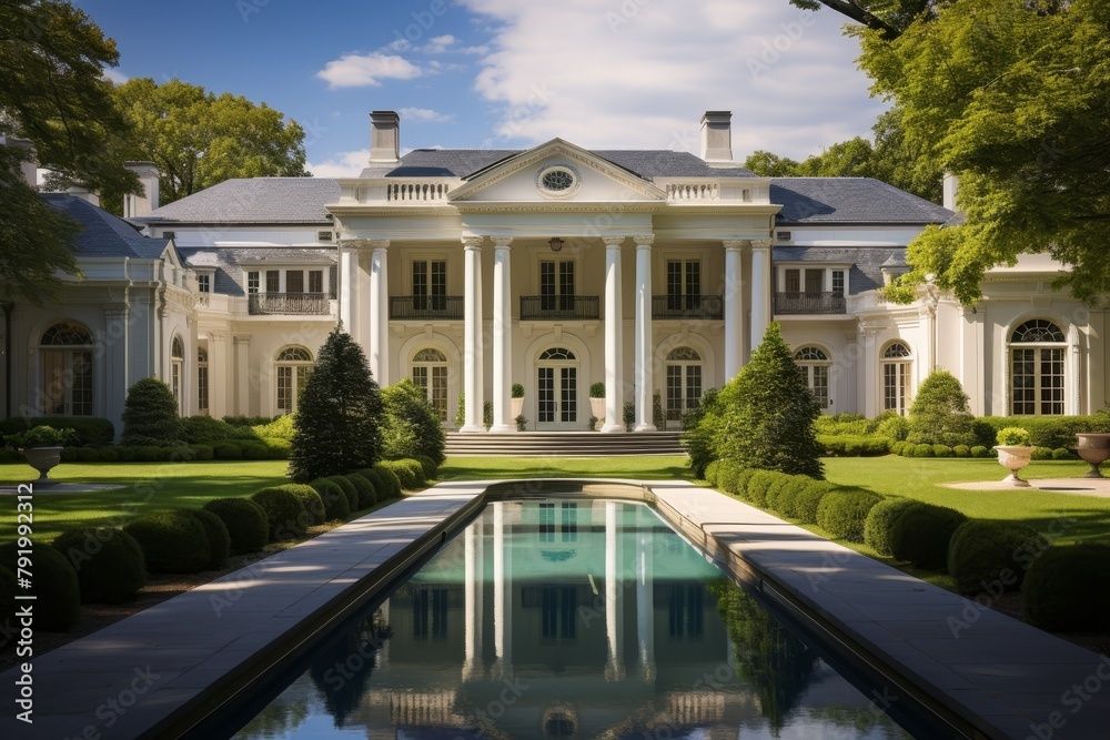 Exquisite Colonial Mansion with Large Stately Pillars, Surrounded by Lush Greenery and a Cobblestone Driveway under a Clear Blue Sky