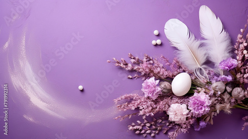 happy easter background. easter eggs, bunny in nest with feathers on a pink background. easter background