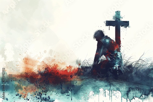 Immerse yourself in a touching digital watercolor painting depicting a man deep in prayer in front of the cross. This illustration captures a scene of reverence and spirituality