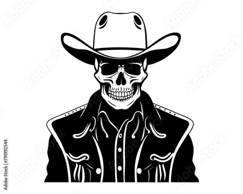 Skull Cowboy Mascot Hand drawn design. skeleton with cowboy hat black and white line art. vintage wild west emblem vector illustration