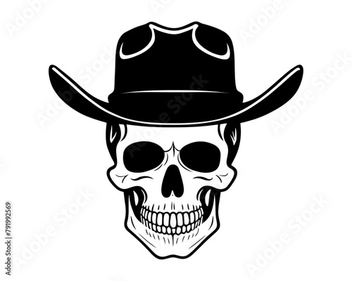 Skull Cowboy Mascot Hand drawn design. skeleton with cowboy hat black and white line art. vintage wild west emblem vector illustration