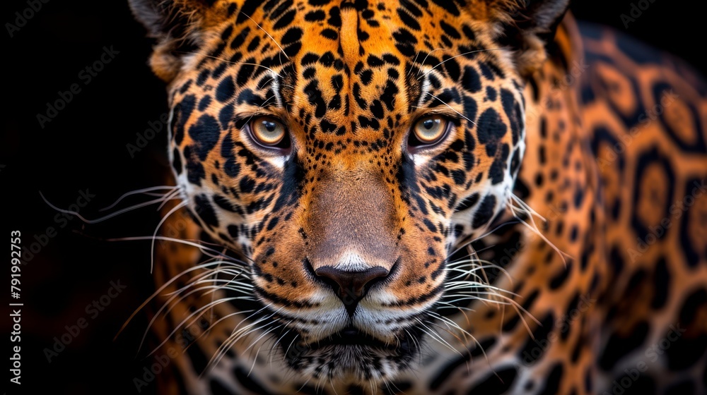Obraz premium A tight shot of a leopard's visage against a black backdrop, its features softened by a hazy blur