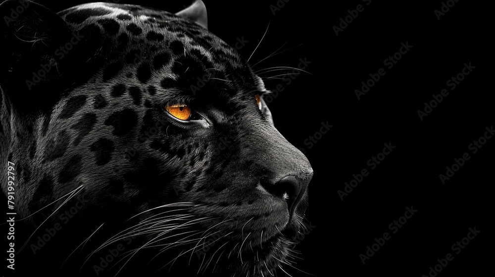   A leopard's face in tight focus against a black backdrop, illuminated by yellow eye lights