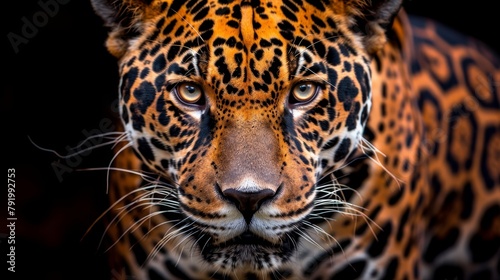  A tight shot of a leopard's visage against a black backdrop, its features softened by a hazy blur