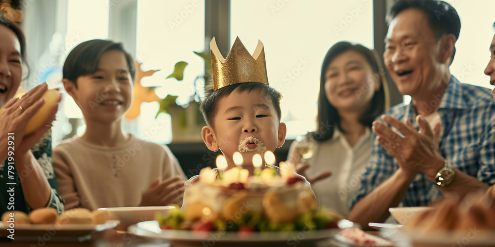  A young asian girl with her family wearing her crown blowing out the candles