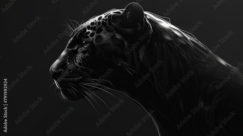 A monochrome image of a leopard's head against a dark backdrop, illuminated by light reflected in its eyes A monochrome image of a leopard's head against a dark backdrop, illuminated by light reflected in its eyes