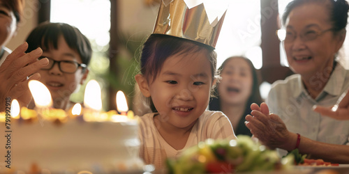  A young asian girl with her family wearing her crown blowing out the candles