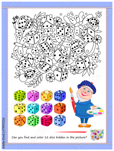 Educational page for children. Can you find and color 12 dice hidden in the picture? Coloring book. I spy puzzle. Printable worksheet for kids. Developing counting and drawing skills. Vector image.