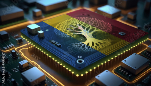 The Moldova flag depicted on a microchip integrated within an electronic board. Symbolizes technological progress and the creation of specialized chips to meet industrial demands