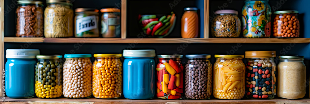 A row of glass jars filled with various types of food, including beans, pasta