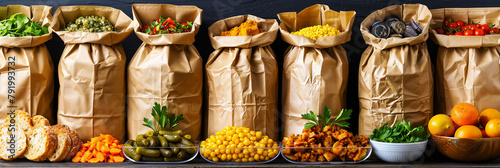 A variety of food items are displayed in bags and bowls, including vegetables photo