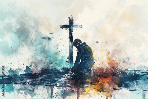 Immerse yourself in a touching digital watercolor painting depicting a man deep in prayer in front of the cross. This illustration captures a scene of reverence and spirituality