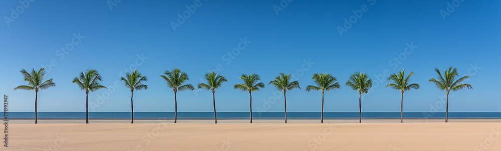 Fototapeta premium A row of palm trees are lined up on a beach