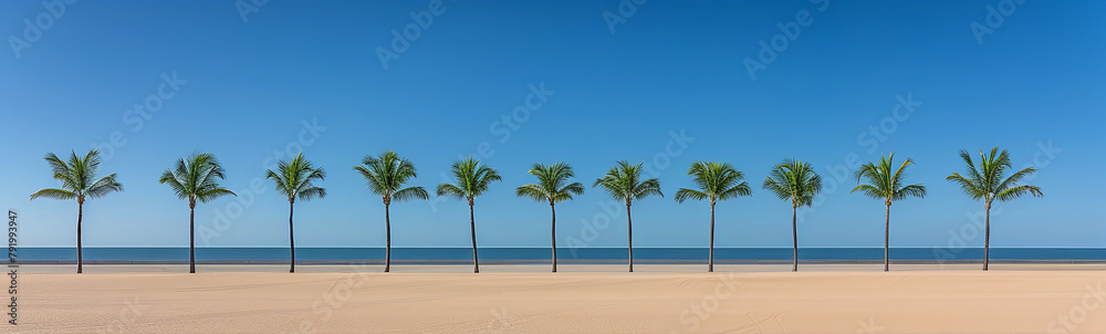 A row of palm trees are lined up on a beach