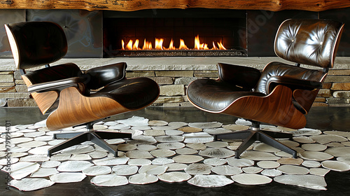 Two leather chairs are sitting in front of a fireplace