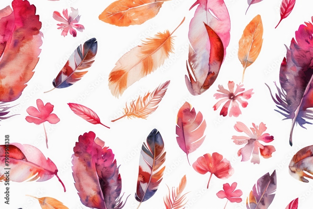 Watercolor Feathers on White Background Watercolor Feathers on White Background