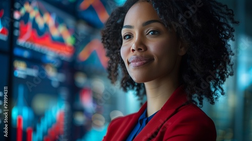 a middle-aged smiling african american female,  red blue suit,a digital financial chart in the background, copy space photo