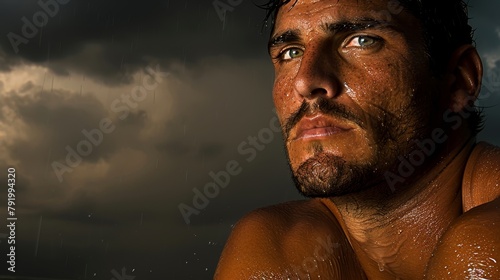   A nude man under cloudy, rain-soaked skies gazes out with open eyes