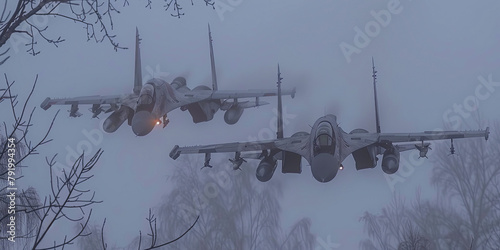 Two fighter jets flying in the sky on a foggy day photo