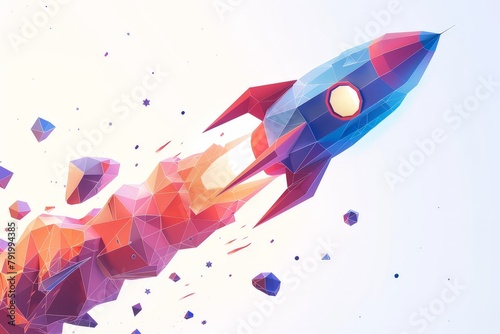 blue and orange 3d vector rocket fire, low poly, on white background 
