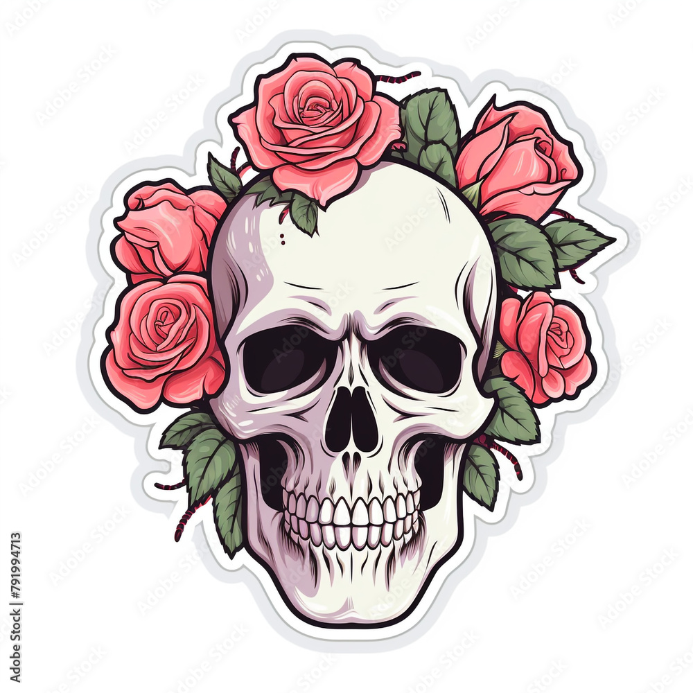 Fototapeta premium simple skull with roses sticker with white background сreated with Generative Ai