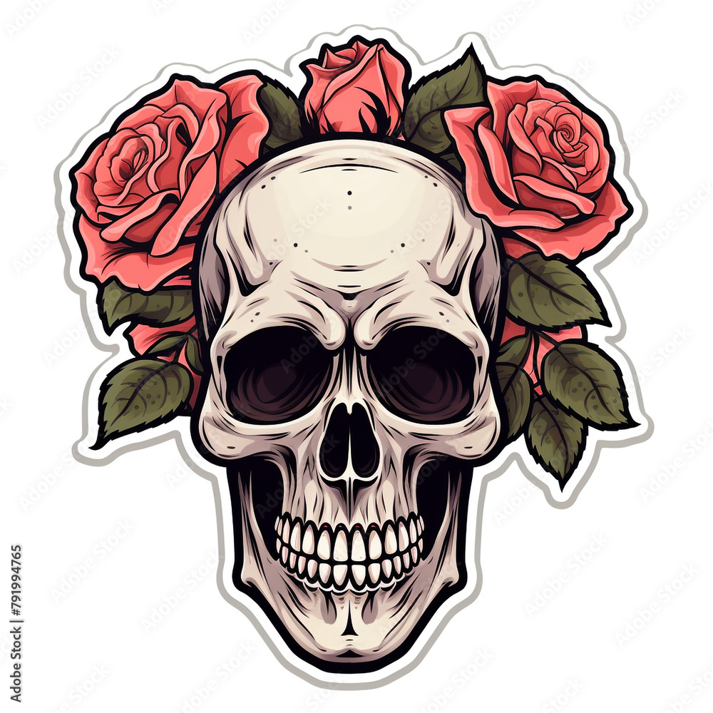 simple skull with roses sticker with white background сreated with Generative Ai simple skull with roses sticker with white background сreated with Generative Ai