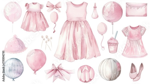 Baby girl's watercolor dress and accessories photo