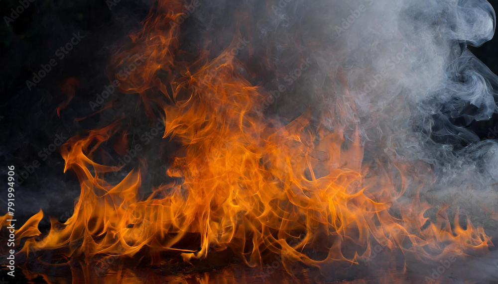 Close-up of fire flames with smoke on black background. Intense blaze.