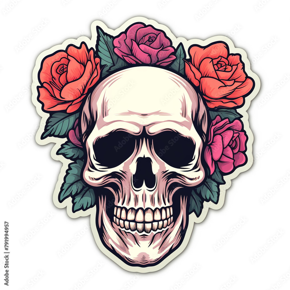simple skull with roses sticker with white background сreated with Generative Ai simple skull with roses sticker with white background сreated with Generative Ai