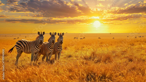 Zebras in the African savannah against the background