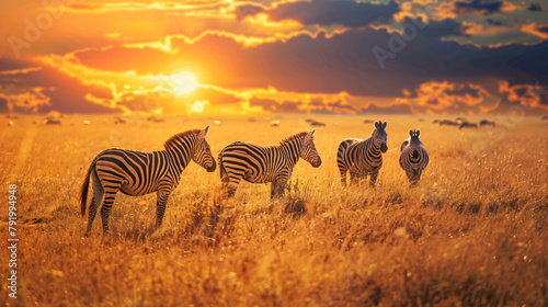 Zebras in the African savannah against the background