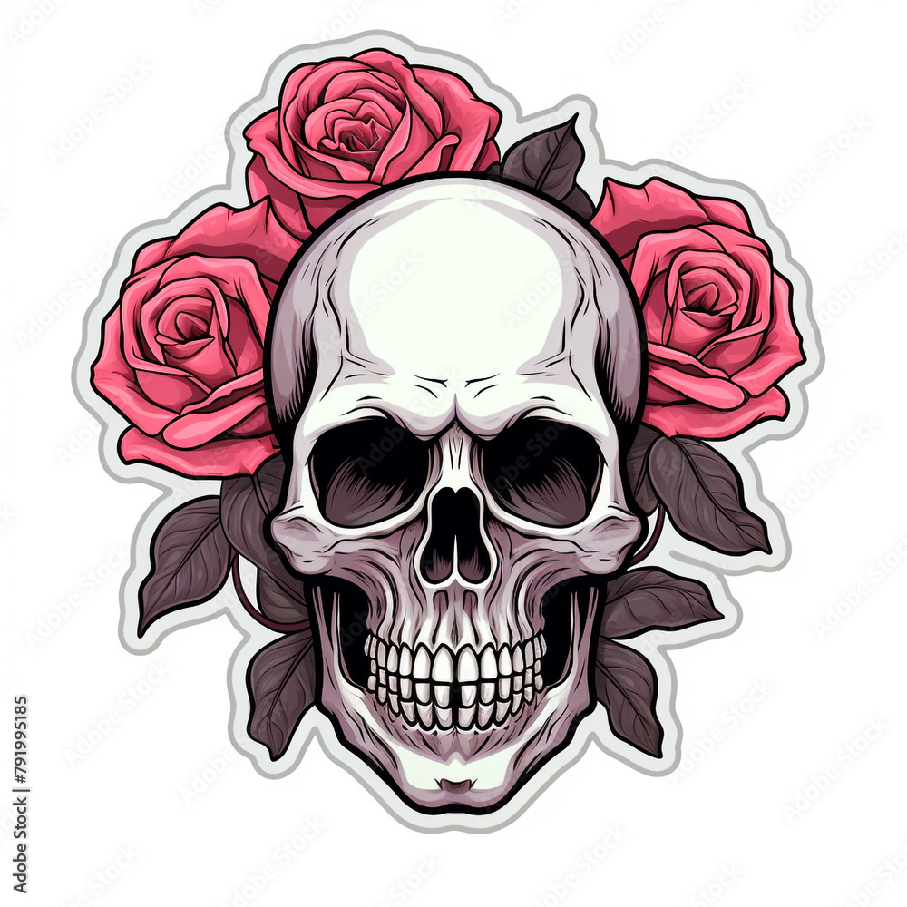 Fototapeta premium simple skull with roses sticker with white background сreated with Generative Ai