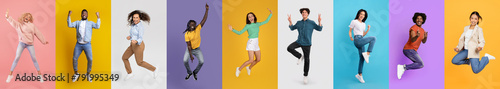 Diverse Group of Joyful People Leaping Against Colorful Backgrounds © Prostock-studio