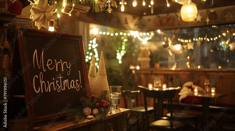 Cozy Christmas Cafe Interior with Festive Decorations and Warm Lighting. Hand drawn Merry Christmas on chalkboard. copy space. horizontal concept for New Year or Christmas banner