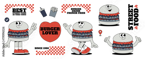 A Burger delivery theme set in the trendy retro groovy style. Hamburger character, stickers with words, cola drink, french fries and fast delivery. Vector art