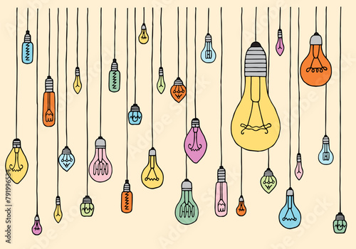 Many different and colorful electric light bulbs as a background.