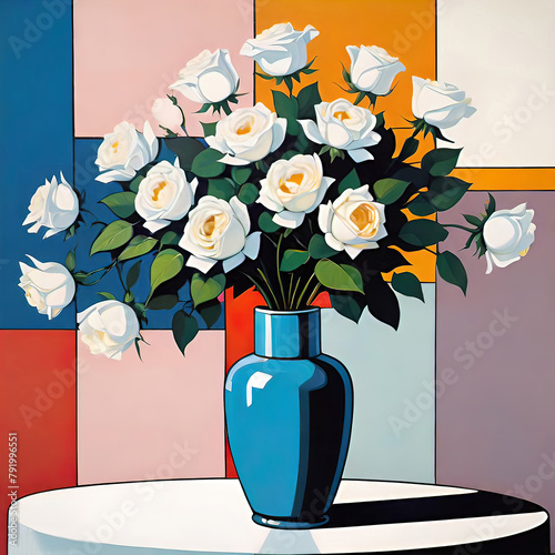 oil painting with a vase and white roses in cubist style, a beautiful painting for decorating a room or office,