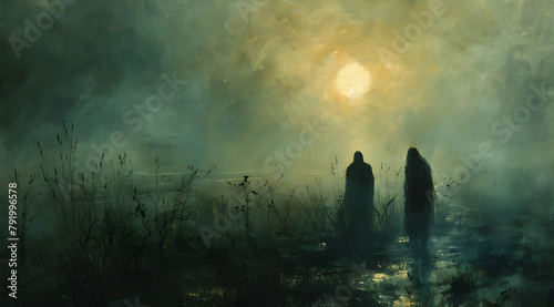 Mystical Reverie: Oil Painting Evokes Enigma with Background Silhouettes