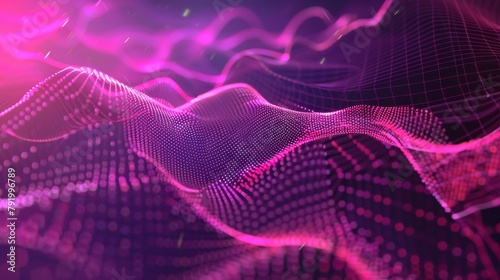 Dynamic magenta digital wave on dark background with sparkling grid patterns.