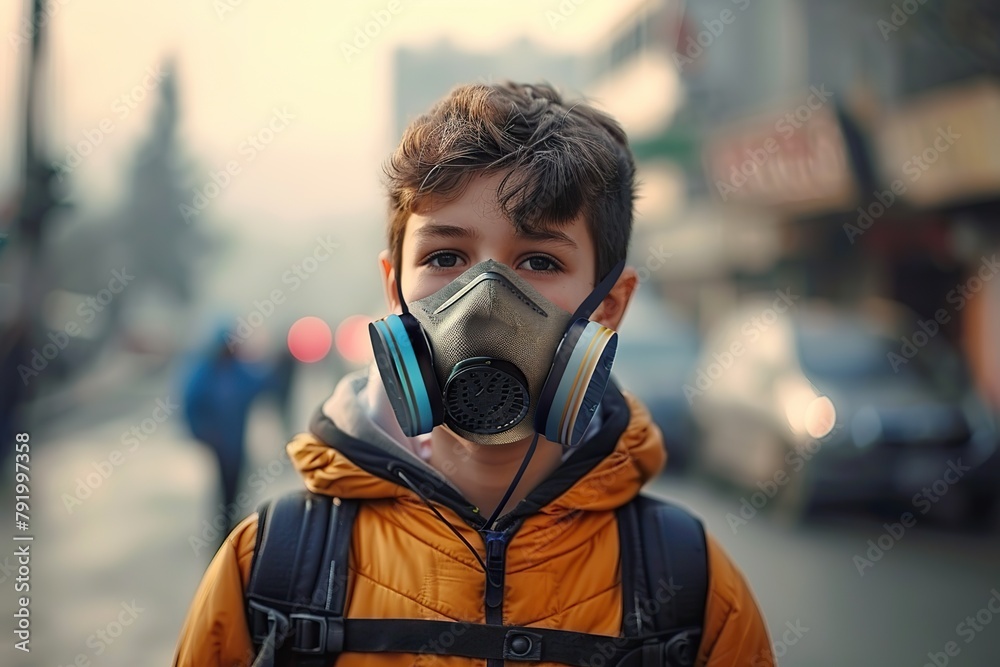 Young Boy Wearing an N95 Mask to Protect Against PM 2.5 Dust, City Air Pollution, and Smog Amidst Bad Weather Young Boy Wearing an N95 Mask to Protect Against PM 2.5 Dust, City Air Pollution, and Smog Amidst Bad Weather