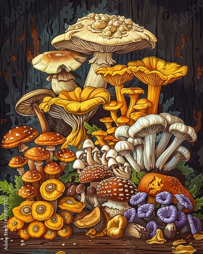 Mushroom Delight A cartoon drawing of a variety of mushrooms, such as chanterelles and oyster mushrooms, arranged on a wooden table, ready to be used in cooking, in a whimsical and artistic style 8K ,