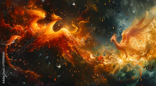 Legendary Convergence: Oil Painting Depicts Spectacular Explosion with Mythical Creatures