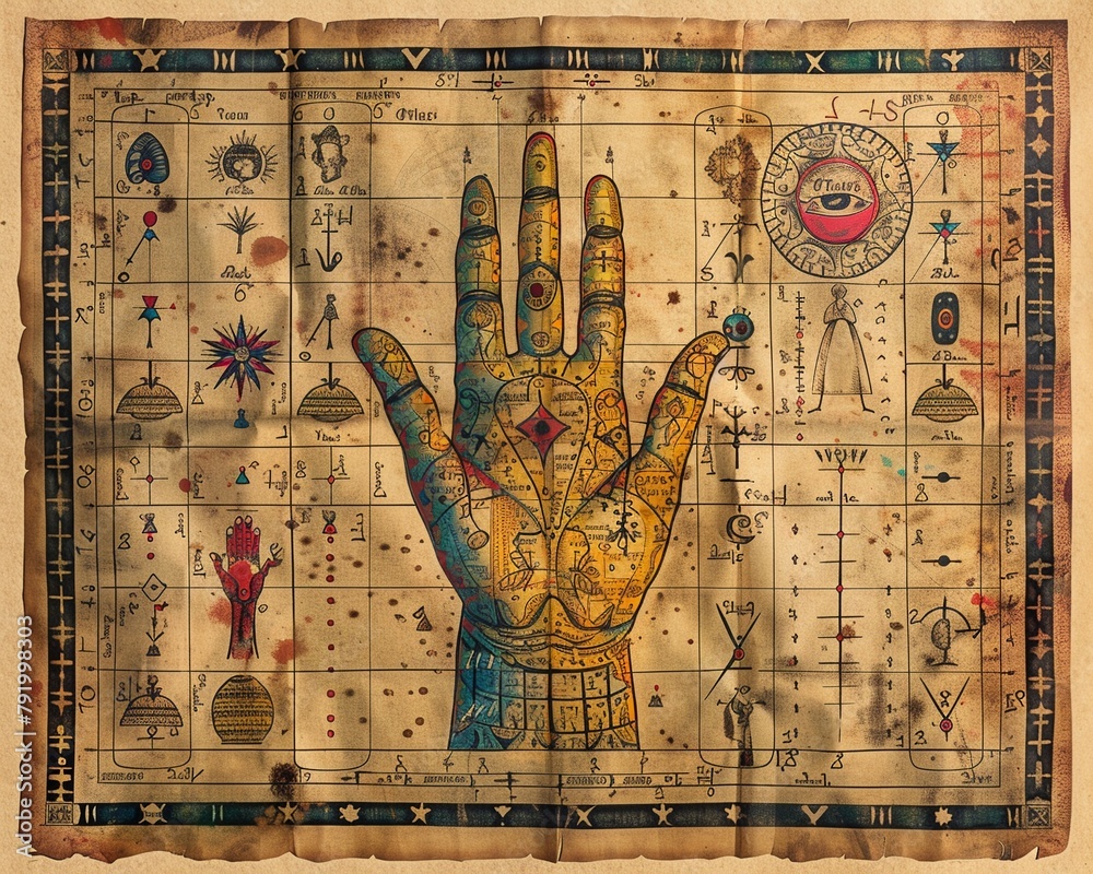 Palmistry Chart An artistic depiction of a vintage palmistry chart used