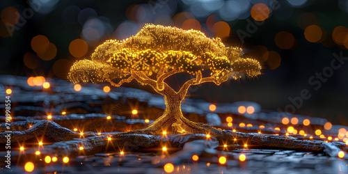 A tree with glowing lights is the main focus of the image
