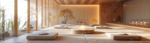A 3D model of a serene meditation and yoga space at an international school, promoting mindfulness among students