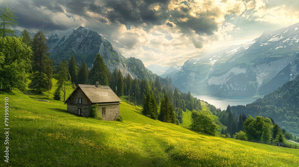 A beautiful landscape of the Alps showcases mountains, green grass, and an old stone house nestled within. 