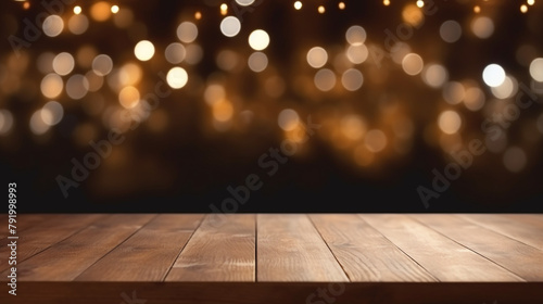 Empty wooden table top with defocused bokeh Christmas Fair lights background. Template for product display сreated with Generative Ai